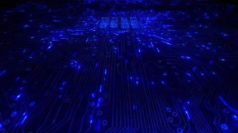 Futuristic circuit board with moving electrons. Loopable. Blue. 2 in 1. Dolly Video stock 59587964