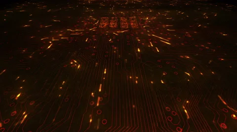 Futuristic circuit board with moving electrons. Dolly in. Loopable. Orange. Video stock 59588522