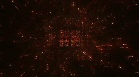 Futuristic circuit board with moving electrons. Loopable. Orange. 2 in 1. Dolly Video stock 59588640