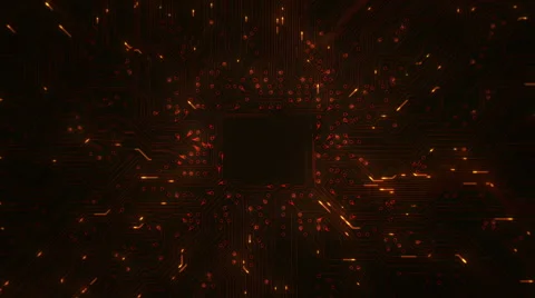 Futuristic circuit board with moving electrons. Loopable. Orange. Dolly in. Video stock 59588699