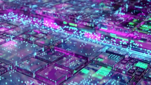 Futuristic circuit board of neural network hardware with flowing data signals Stock Footage 160273648