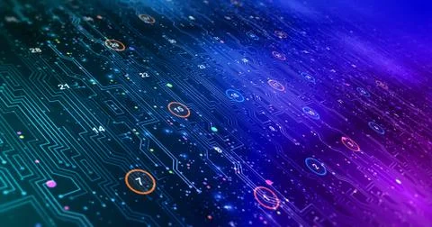 Futuristic Circuit Board Render With Bokeh Effects 스톡 일러스트