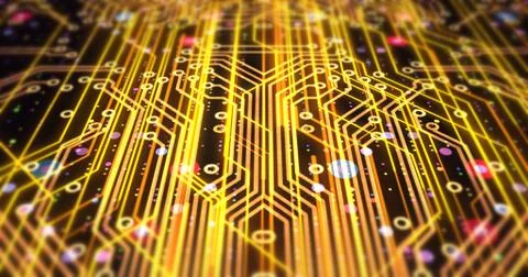 Futuristic Circuit Board Render With Bokeh Effects Stock Illustration
