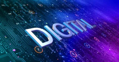 Futuristic Circuit Board Render With Digital Keyword Stock Illustration