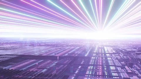 Futuristic Circuit Board Server Data Streaming Sci-Fi Tech Lasers Fly Stock Illustration