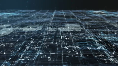Futuristic Circuit Grid Network – Glowing Blue Tech Landscape Background Stock Footage 312977098