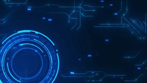 Futuristic circuit HUD overlay blue circular interface, data arrows, glowing con Stock Footage 340569052