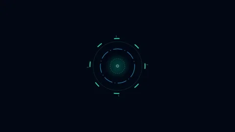 Futuristic circular data interface element glowing on a dark background Stockbeeldmateriaal 338309735