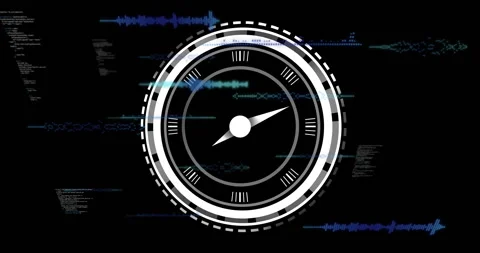 Futuristic circular gauge rotating, displaying drifting code text and teal Stock Footage 308659725