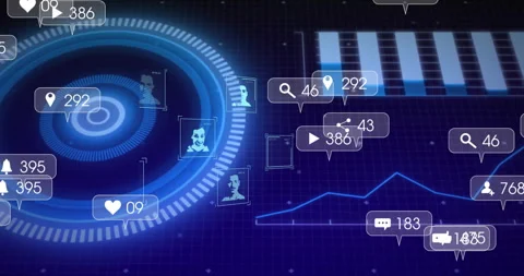 Futuristic circular HUD displaying avatar frames, social icons, rising line Stock Footage 307884588