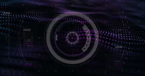 Futuristic circular HUD glowing and displaying segmented rings, dot?matrix waves Video stock 328463983