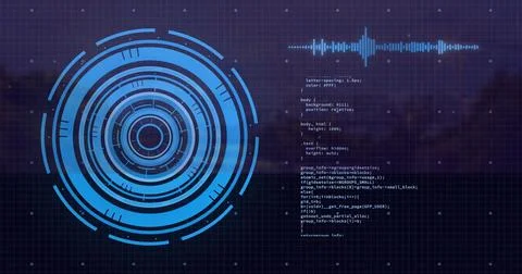 Futuristic circular interface and coding image over grid background Stock Photos