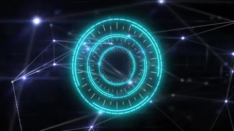 Futuristic circular interface animation over interconnected glowing lines and Stock Footage 303616546
