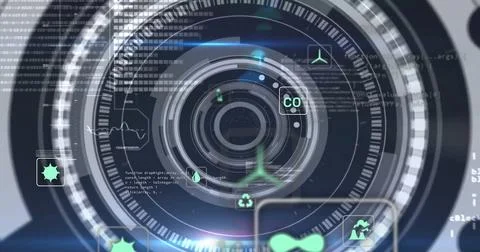 Futuristic circular interface with coding and data processing image Illustrazione stock