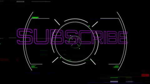 Futuristic circular interface with glitchy subscribe text animation in digital Stock Footage 304078166