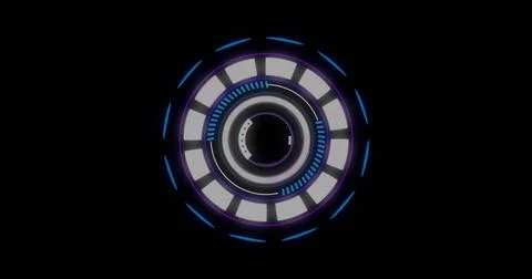 Futuristic circular interface glowing with blue arc segments and purple ring on Photos