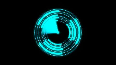 Futuristic circular radar interface with glowing blue neon concentric rings.. Stock Illustration