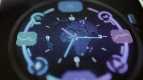 Futuristic circular world clock surrounds a dotted global map with signal Stock Photos