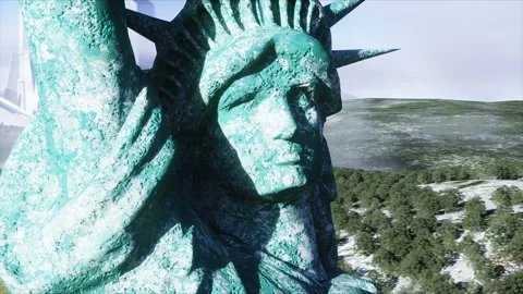 Futuristic city and statue of liberty. Future concept. Aerial view. Realistic 4k Stock Footage 132698853