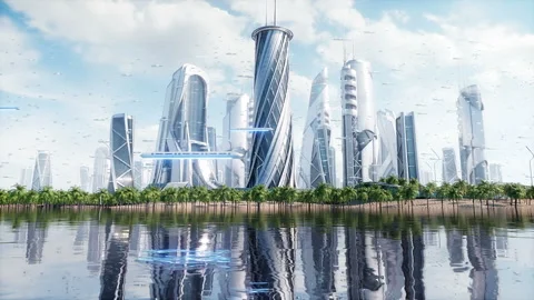 Futuristic city day. Sci fi architecture and buildings. Future concept Stock Footage 244710540