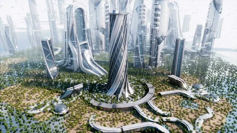 Futuristic city day. Sci fi architecture and buildings. Future concept 스톡 동영상 244712650