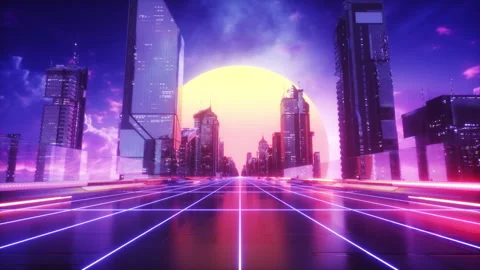 Futuristic City with Endless road at Sunset Time SynthWave Background Loop Stock Footage 281610149