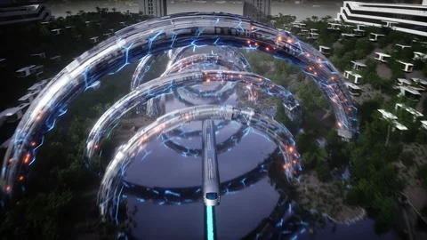 Futuristic city. Flying passenger train. Futuristic architecture. Stock Footage 336024613