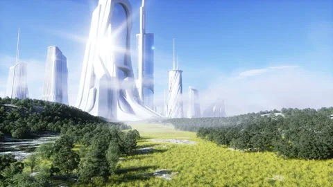 Futuristic city. Future concept. Aerial view. Realistic 4k animation. Stockbeeldmateriaal 132673288