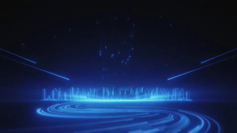 Futuristic City with Glowing Digital Pathways Stock Footage 296692432