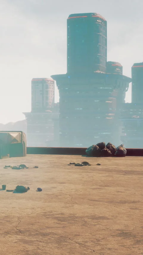 Futuristic city landscape with empty rooftop and distant buildings in sunlight Stock Footage 336571985