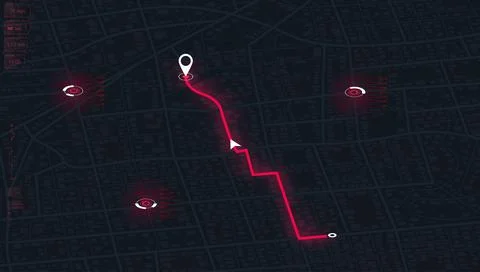 Futuristic city map with glowing red navigation path and HUD user interface Stock Illustration