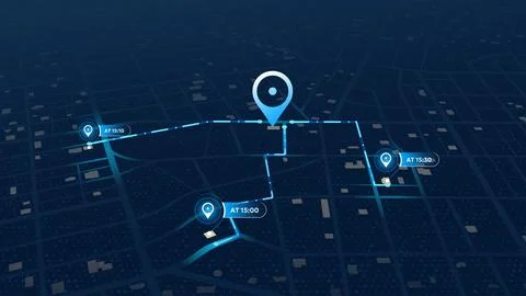 Futuristic city map with GPS navigation route, multiple location markers Stock Illustration