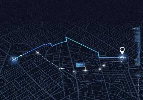 Futuristic city map with GPS navigation route and location pin. Stock Illustration