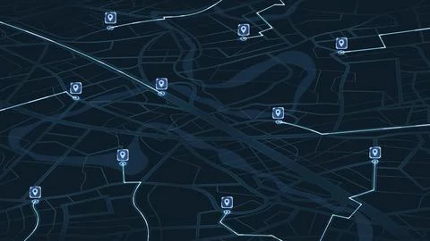 Futuristic city map interface with glowing GPS route and location pins on 스톡 일러스트