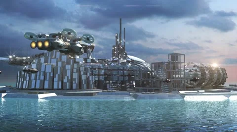 Futuristic city with marina and hoovering aircrafts Stock Footage 40666373