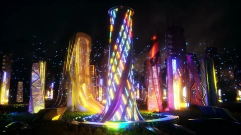 Futuristic city night. Sci fi architecture and buildings. Future concept Vídeo Stock 246645175