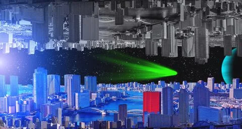 Futuristic city in the open Universe with unknown planets Stock Illustration