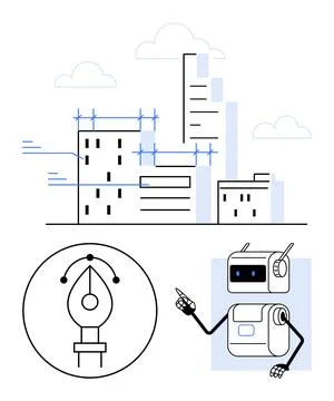 Futuristic City Planning with Robot Assistant and Digital Design Tools for .. Ilustración de archivo