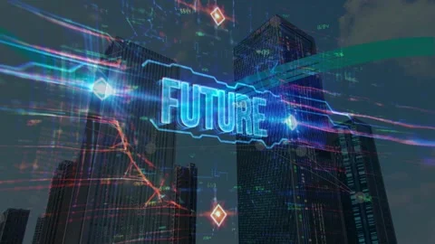 Futuristic City Scape with Glowing Future Text and Data Видео 337731530