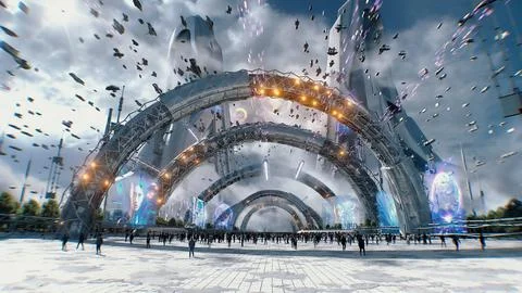 Futuristic city. Sci fi architecture and buildings. Future concept. Flying cars Ilustración de archivo