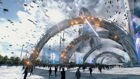 Futuristic city. Sci fi architecture and buildings. Future concept. Flying cars Ilustración de archivo