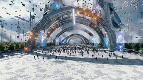Futuristic city. Sci fi architecture and buildings. Future concept. Flying cars Ilustración de archivo