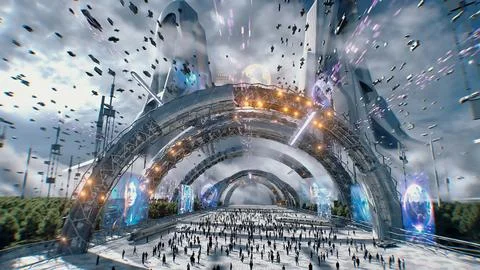 Futuristic city. Sci fi architecture and buildings. Future concept. Flying cars Ilustración de archivo