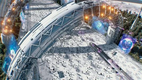 Futuristic city. Sci fi architecture and buildings. Future concept. Flying cars Ilustración de archivo
