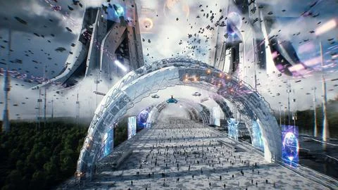 Futuristic city. Sci fi architecture and buildings. Future concept. Flying cars Ilustración de archivo