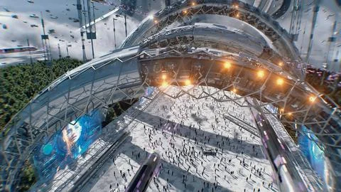 Futuristic city. Sci fi architecture and buildings. Future concept. Flying cars Ilustración de archivo