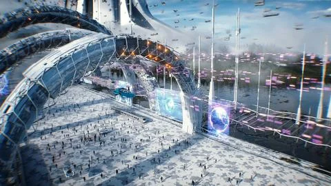 Futuristic city. Sci fi architecture and buildings. Future concept. Flying cars Ilustración de archivo