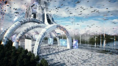 Futuristic city. Sci fi architecture and buildings. Future concept. Flying cars Ilustración de archivo