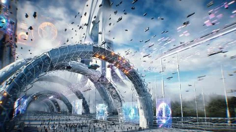 Futuristic city. Sci fi architecture and buildings. Future concept. Flying cars Ilustración de archivo