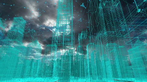 Futuristic city skyline, artificial intelligence, internet of things, aerial Stock Footage 253763514